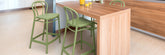 Olive Green Victor Bar Stools at a Wooden Kitchen Bench